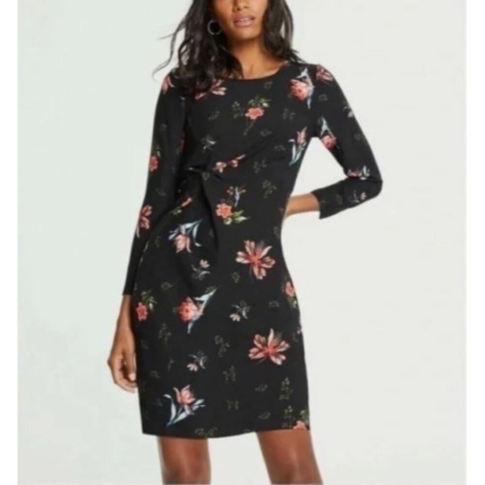 Ann Taylor Dress Womens 14 Black Floral Twist Front Quiet Luxury Office Chic